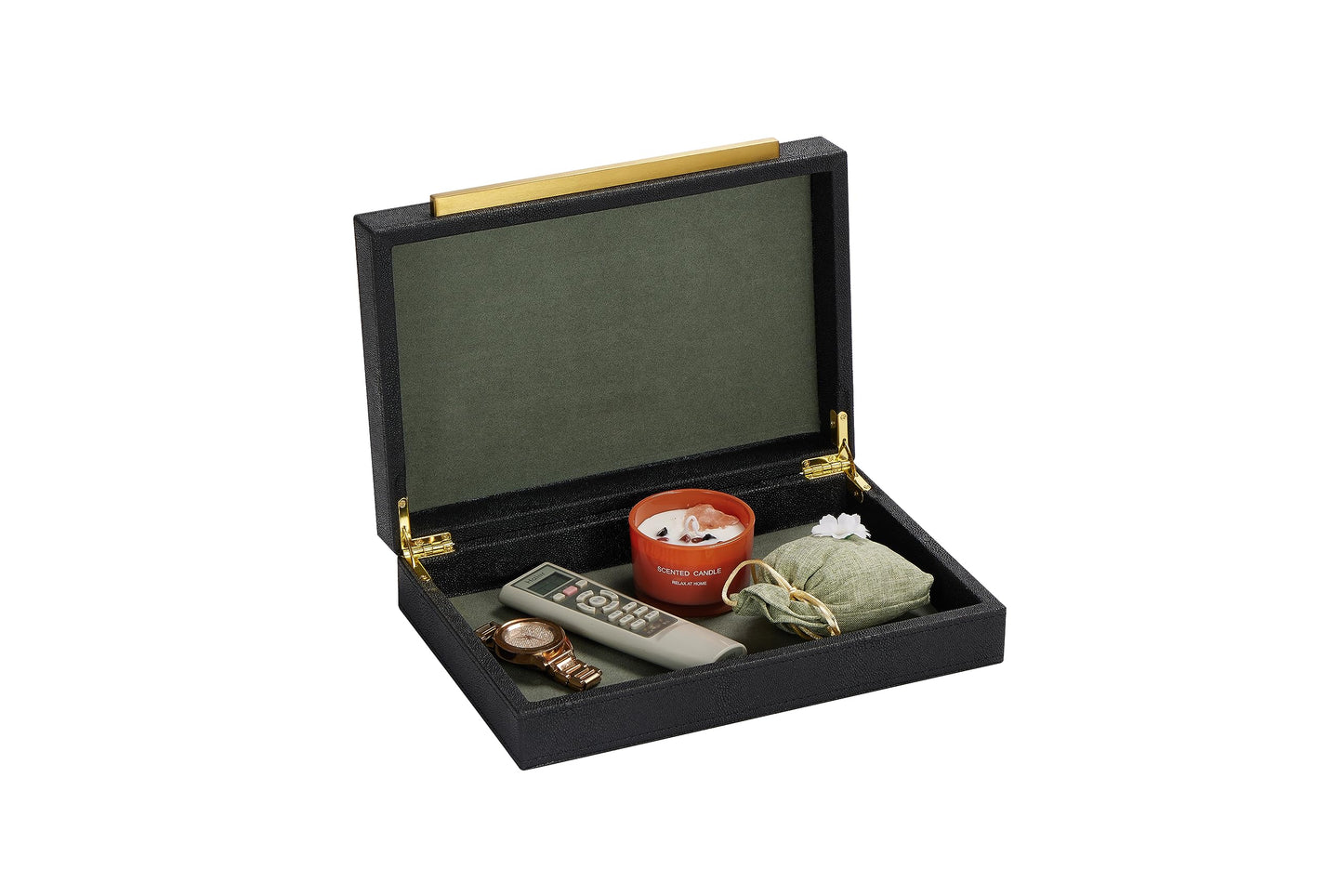Kingflux Black Shagreen Leather Decorative Box, Storage Box Jewelry Organizer, Woment&Men's Accessory Organizer With Matt Golden Stainless Steel Handle (Black)