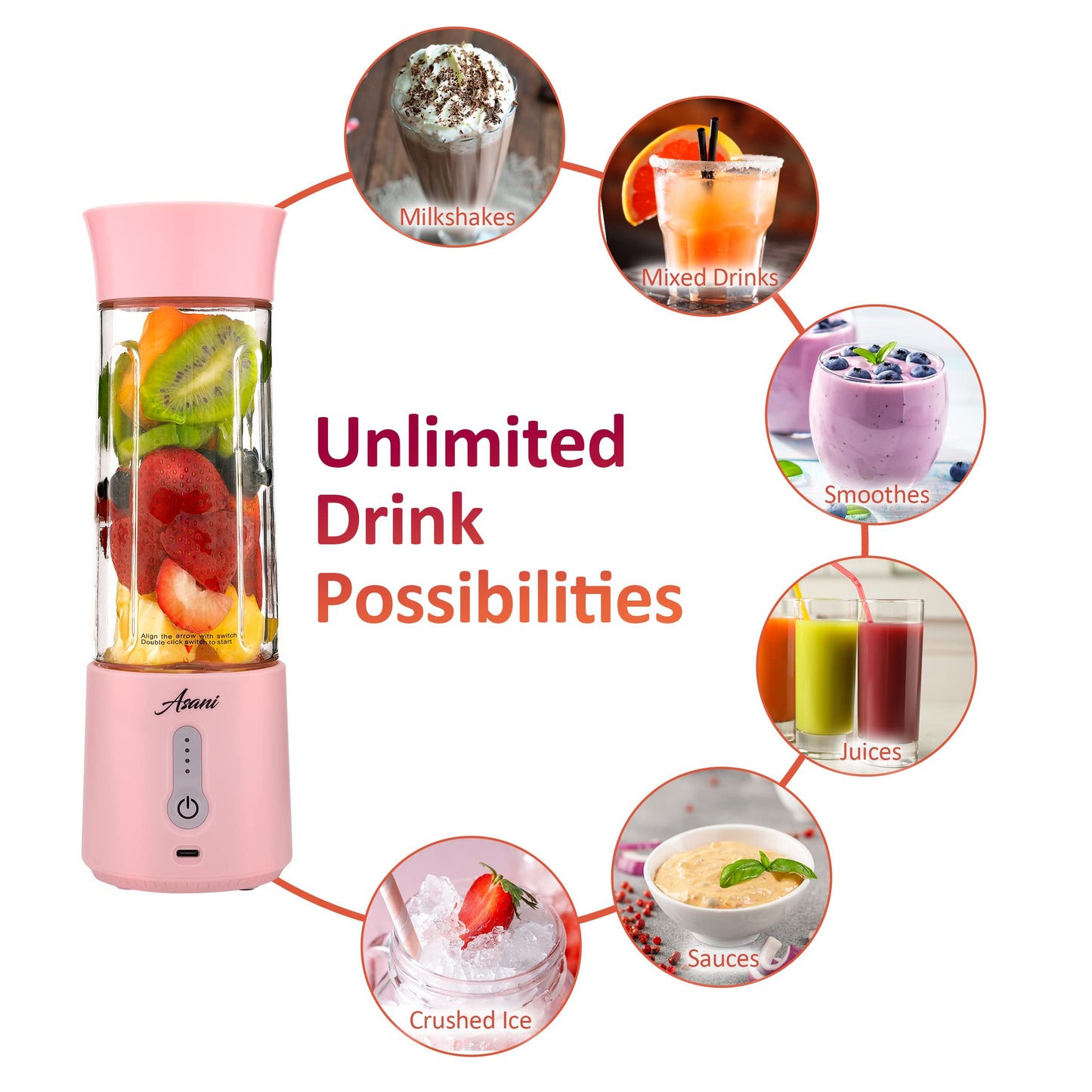 Asani Portable Mini Blender for Shakes and Smoothies, USB Rechargeable, Pink
