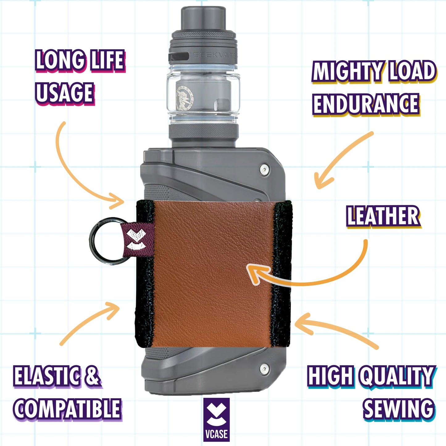 VCASE Leather Vape Holder, Comfortable Design for E Cigarette, High-Strength Elastic (Brown Holder/Black Lanyard XL)