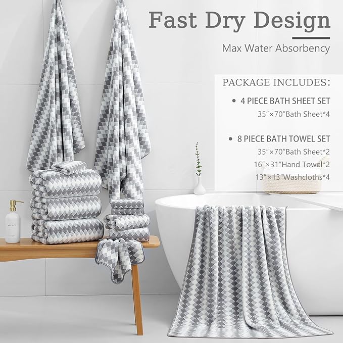 Bath Towel Set Gray 4Pack-35x70 Towel, 600GSM Ultra Soft Microfibers Bathroom