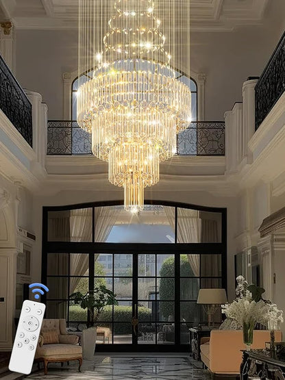 D32''X H100'' Large Crystal Chandelier Lighting, Modern LED Round Raindrop Flush Mount Ceiling Light Fixture for Hotel Staircase Hallway Modern Crystal Chandelier Suitable for Sloping Ceiling