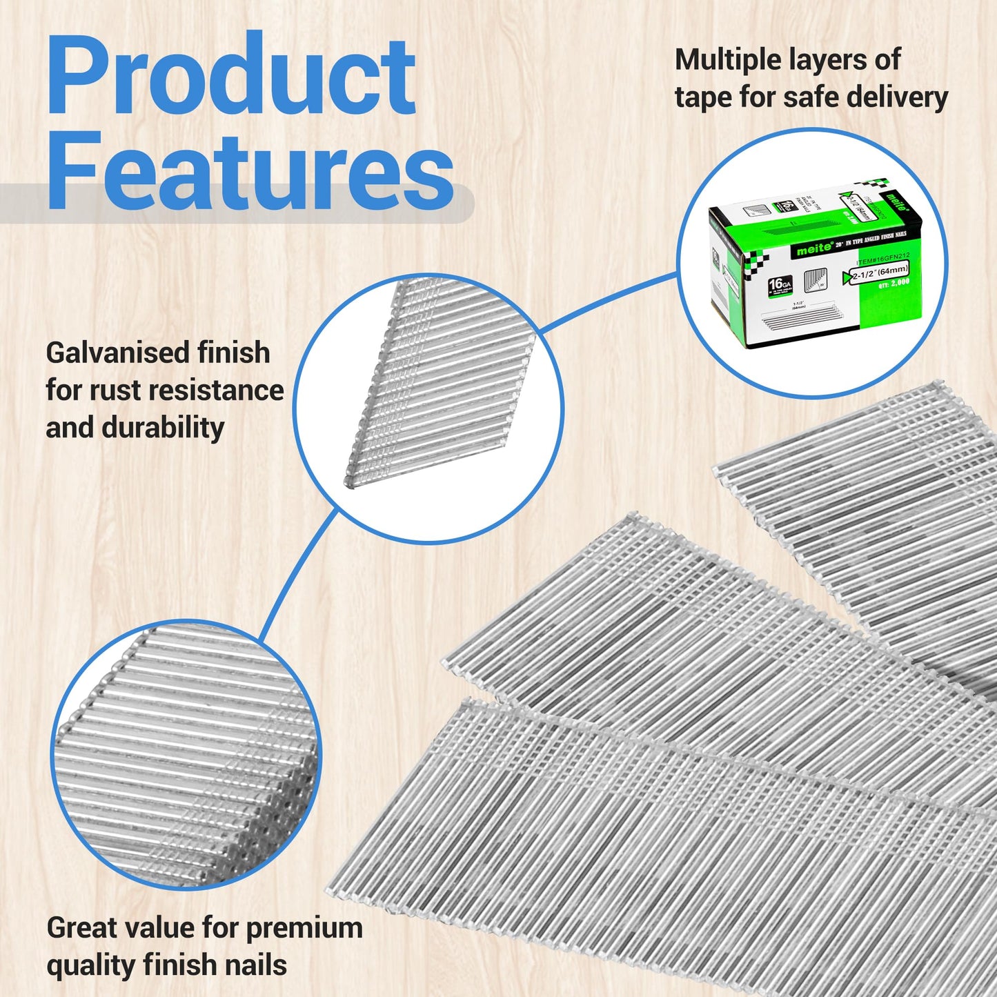 meite 16 Gauge 20 Degree Angled Finish Nails 2-1/2 Inch Leg Galvanized No-rust Finishing Nails for Finish Nailer Gun - Cabinet Crown Baseboard 4,000PCS