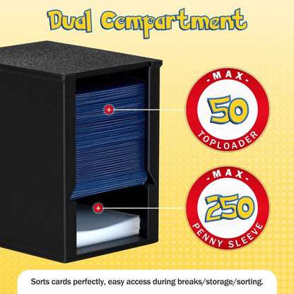 XSHINOVA Toploader Dispenser & Penny Sleeve Holder - Dual Compartment Holds 250 Penny Sleeves & up to 50 Top Loaders, Stackable Card Storage Box with Dustproof Lid (Black)