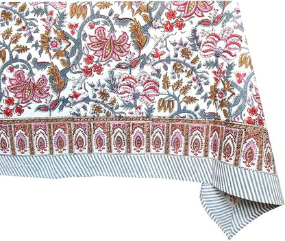 ATOSII Eden 100% Cotton Fall Tablecloth, Handblock Floral Print Rectangle Linen for Kitchen Dining I Parties Wedding Christmas Thanksgiving Outdoors I Spring Summer 72 X 108 Inches I 8 Seater Table