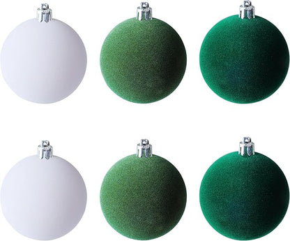Amooca 3.15in Large Christmas Balls Ornaments Flocking Xmas Tree Hanging Decoration New Year Holiday Party Baubles 6pc Set White Green