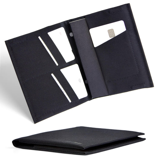 SlimFold Minimalist Passport Holder - Ultra-Thin Wallet Design with AirTag Slot, RFID Blocking - Holds 2 Passports with Magnet Closure for Secure Travel - Made in USA (Black w/Black Stitching)