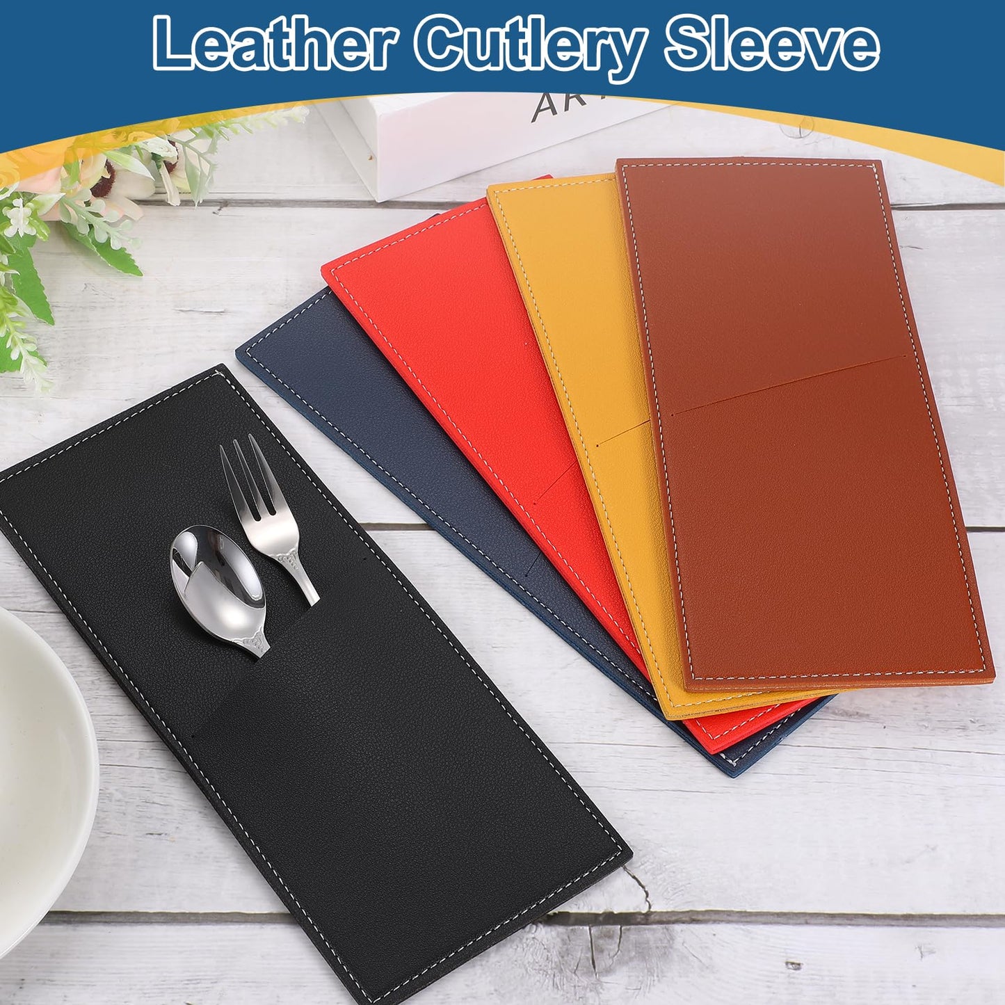 uxcell 4 Pcs Leather Cutlery Sleeve Silverware Utensil Holders Knife and Fork Bag Pouch Flatware Storage Sleeves for Dinner Table Home Kitchen Table Decoration, Yellow