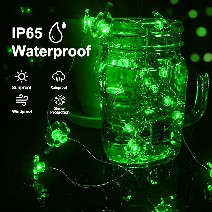 Aogist St. Patrick 's Day Decorations Clover String Lights, 16 ft 50 LED Green Shamrock Fairy Light for Saint Patrick’s Day Decor, Lucky Irish Decals Party Ornaments, Irish Party Supplies (1 Pack)