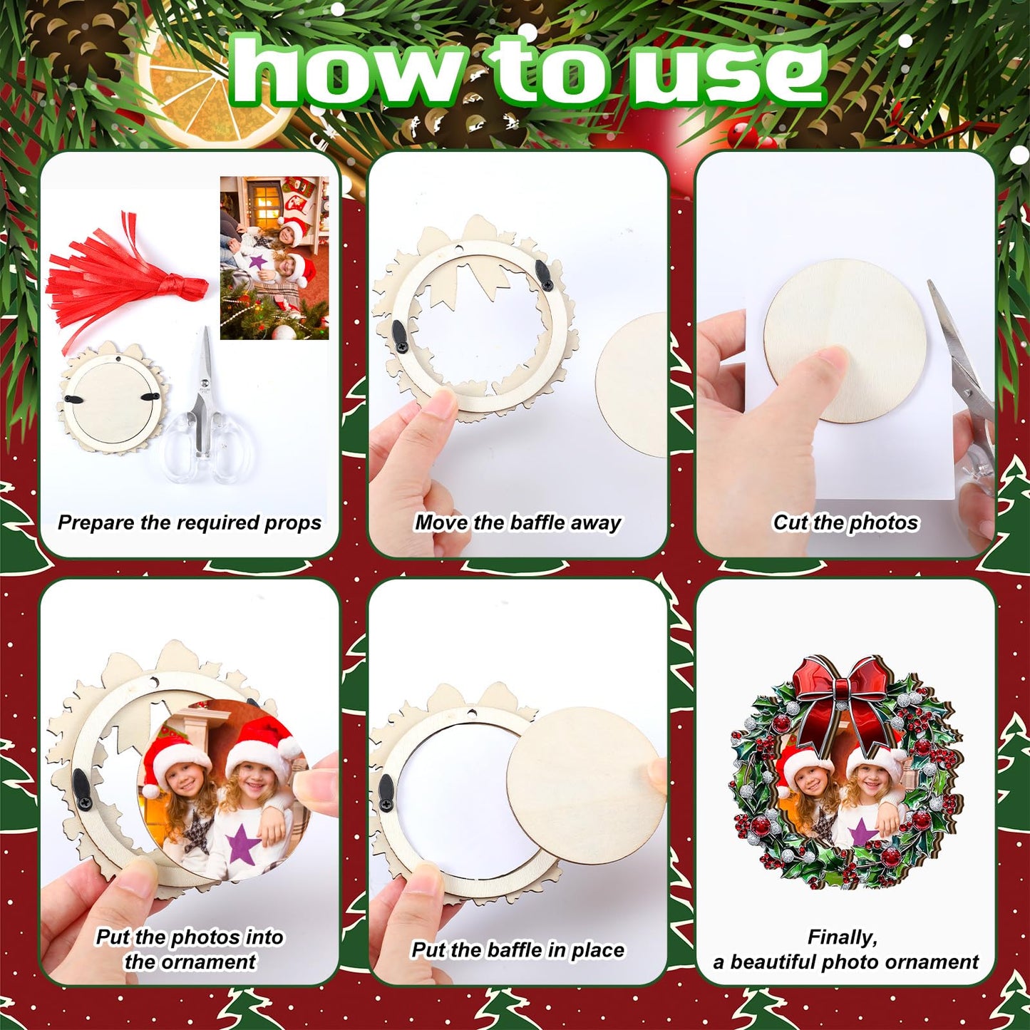 Yalikop 16 Pcs Christmas Photo Frame Ornaments Wooden Nutcrackers Santa Snowman Snowflake Picture Frame Tree Decoration DIY Photo Keepsakes for Xmas Party Decorations Winter (Wreath)