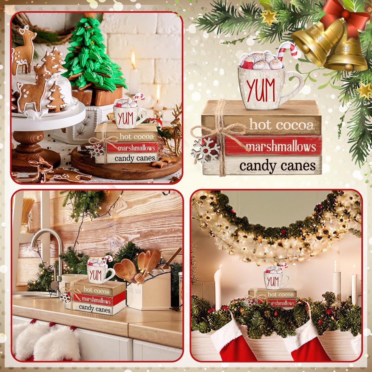 Anglechic 4 Pcs Christmas Table Decorations Winter Snowflake Tiered Tray Decorations Decorative Mini Wooden Books Subject Signs Block Centerpiece for Office Tabletop Shelf Housewarming Gifts
