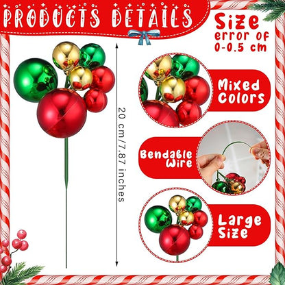 12 Pcs Christmas Tree Picks 7.87 Inch Red Green Gold Christmas Balls Ornaments Christmas Tree Decorations for Xmas Tree Topper DIY Wreath Holiday Floral Vase Fillers Crafts Home Decor