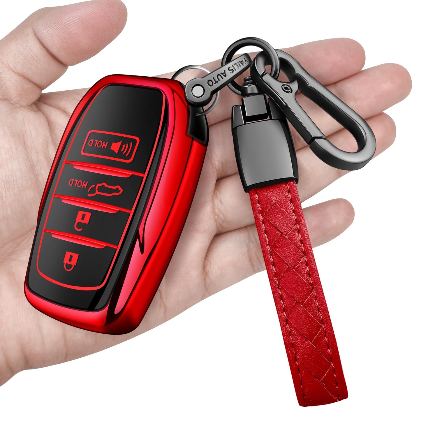 Sindeda for Toyota Key Fob Cover with Metal Keychain & Leather Strap for 2025-2026 Camry 4 Runner 2019-2026 Venza, Land Cruiser,2023-2026 Tacoma Grand Highlander,Corolla,bZ4X,4-5 Buttons(Red)