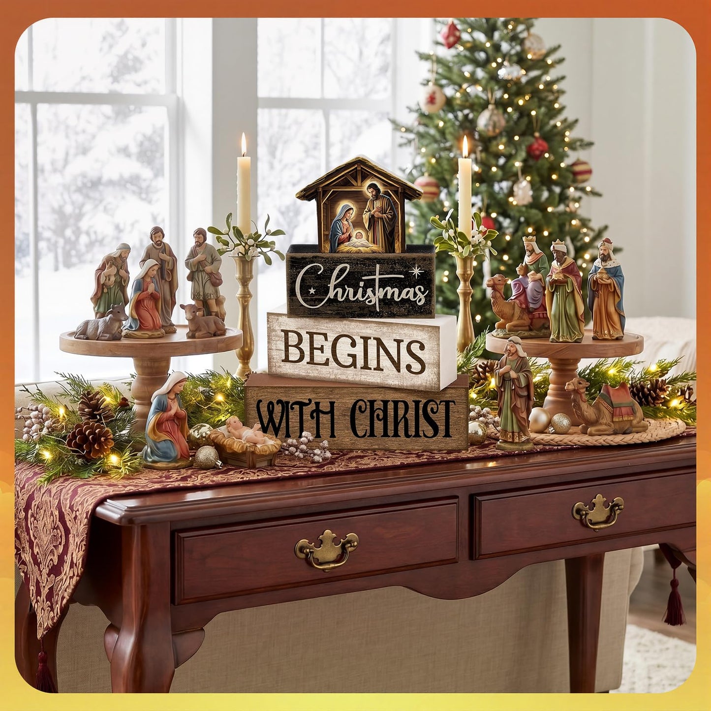 Moucuny 4 Pcs Christmas Table Decoration Christian Wooden Stacked Block Decor, Christmas Begins with Christ Signs with Nativity Scene Topper, Rustic Religious Xmas Tiered Tray Decor for Home Church