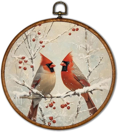 KSDUT Cardinal Wall Decor Art - Memorial Wall Art Canvas Frame Hanging Prints, Vintage Winter Snowy Round Wall Art Decor for Home Farmhouse Bedroom Decorations 10"x10"