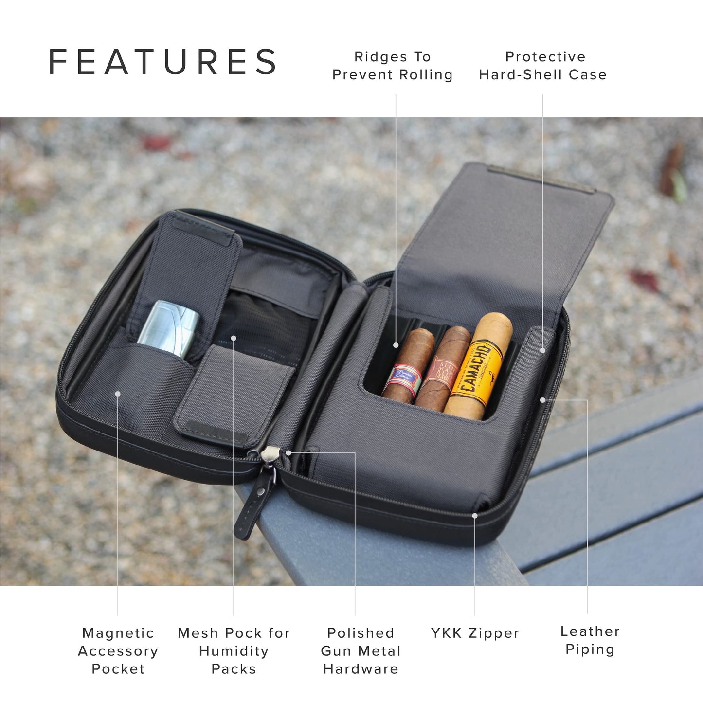 CASE ELEGANCE Klaro Travel Leather Cigar Case, 5 Cigar Storage, 2 Accessory Pockets, Humidification Pocket, Internal Hard-Shell Protection - Black