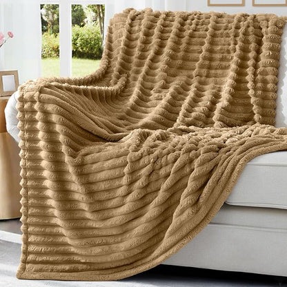 decorUhome Soft Fleece Brown Throw Blanket for Couch, Cozy Fluffy Plush Flannel Striped Blanket for Sofa Bed, Lightweight Decorative Ribbed Fuzzy Blanket for Woman, 50x60 Inches