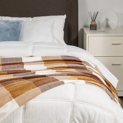RECYCO Buffalo Paid Chenille Throw Blanket for Couch, Soft Cozy Decorative Buffalo Check Blanket Throw with Tassels for Bed Sofa, Lightweight Chenille Knitted Throw, Plaid Brown Off White, 50'' x 60''