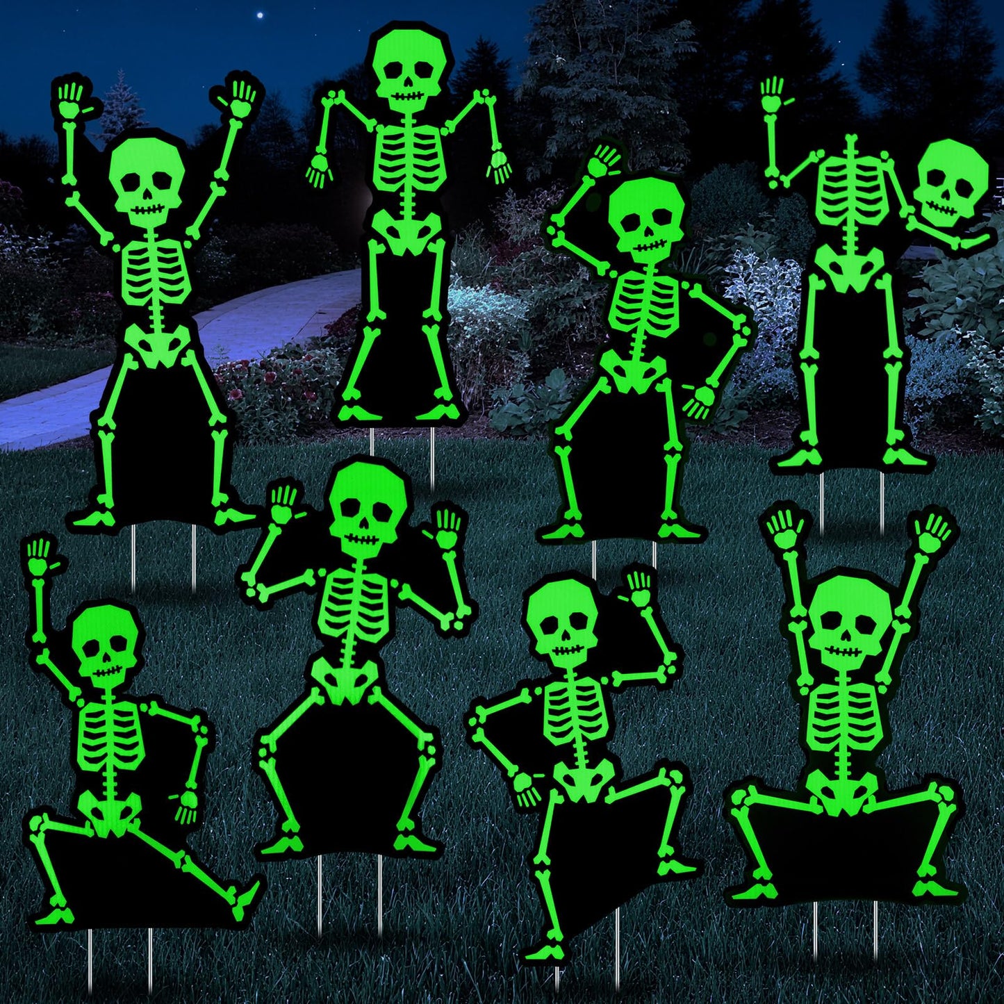 Jetec 8 Pcs Halloween Outdoor Decorations Glow in The Dark Skeleton with Stakes Luminous Halloween Graveyard Decoration Funny Skeleton Yard Signs for Outdoor Lawn Yard Garden