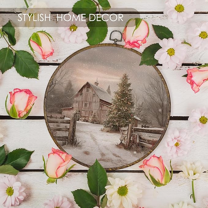 Fewgb Winter Farmhouse Christmas Tree Round Wall Art Decor Framed, Vintage Country Canvas Wall Art Prints Picture, Snowy Farm Landscape Hanging Room Decor Artwork for Gallery Bedroom Kitchen 10x10