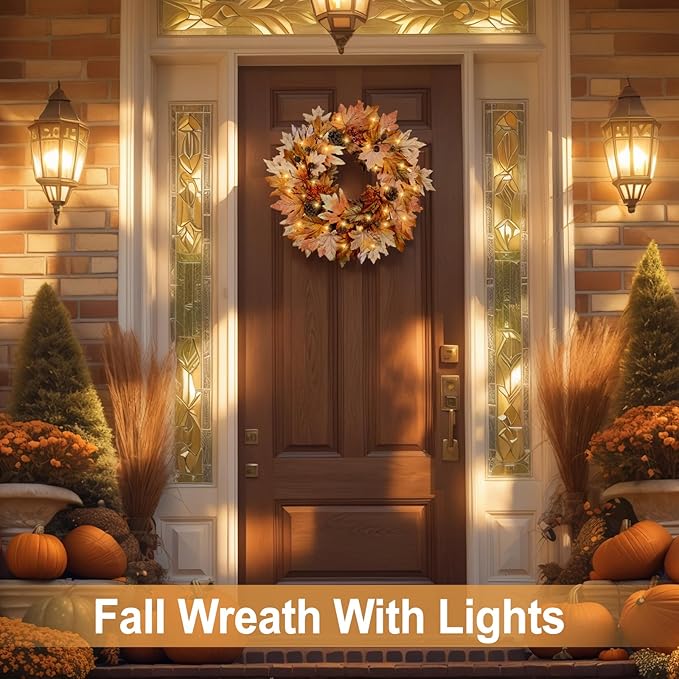 22 Inch Fall Wreaths for Front Door Outside Timer Function Pinecones Berries Autumn Fall Wreaths with 30 Warm Lights Decorations for Home Wall Porch Door Yard Harvest Mantle Fireplace Window Decor