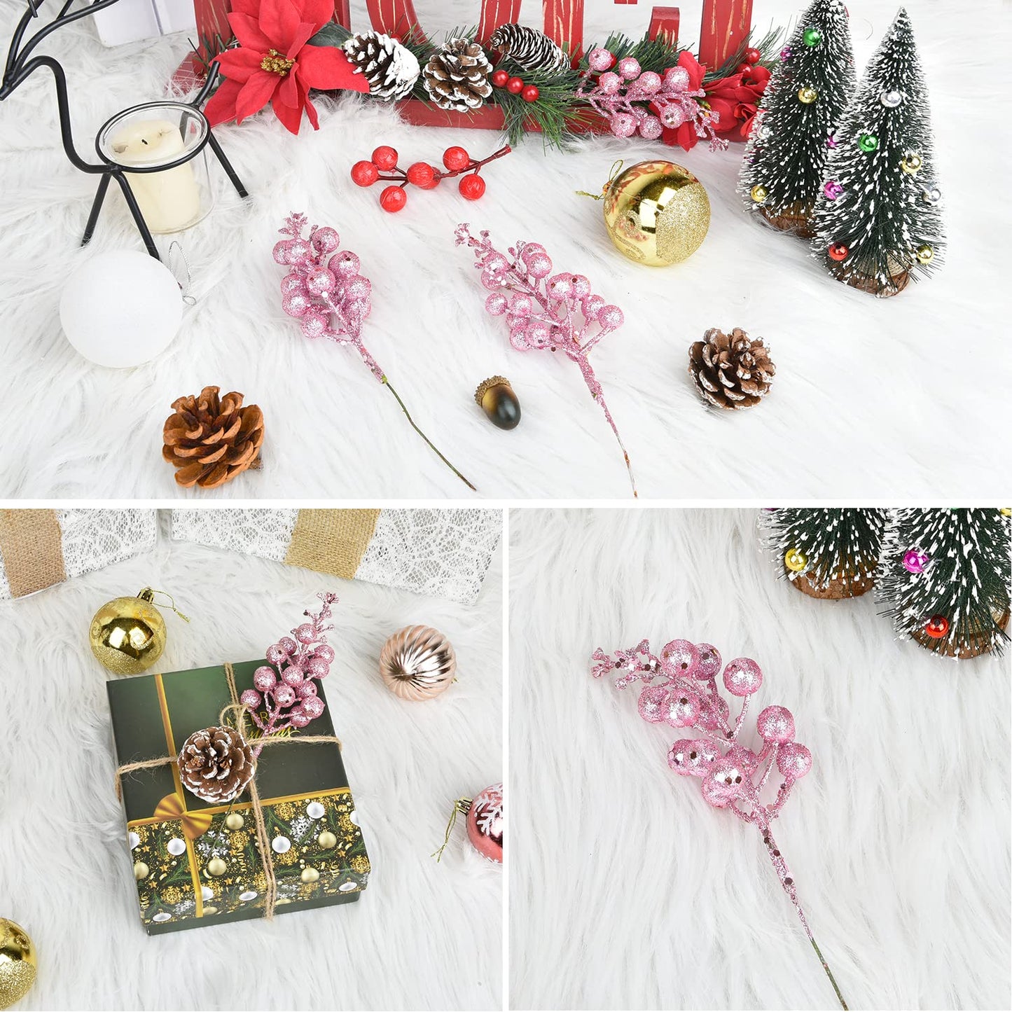 DearHouse 14 Pack Christmas Glitter Berries Stems, 7.8Inch Artificial Christmas Picks for Christmas Tree Ornaments, DIY Xmas Wreath, Crafts, Holiday and Home Decor (Pink)