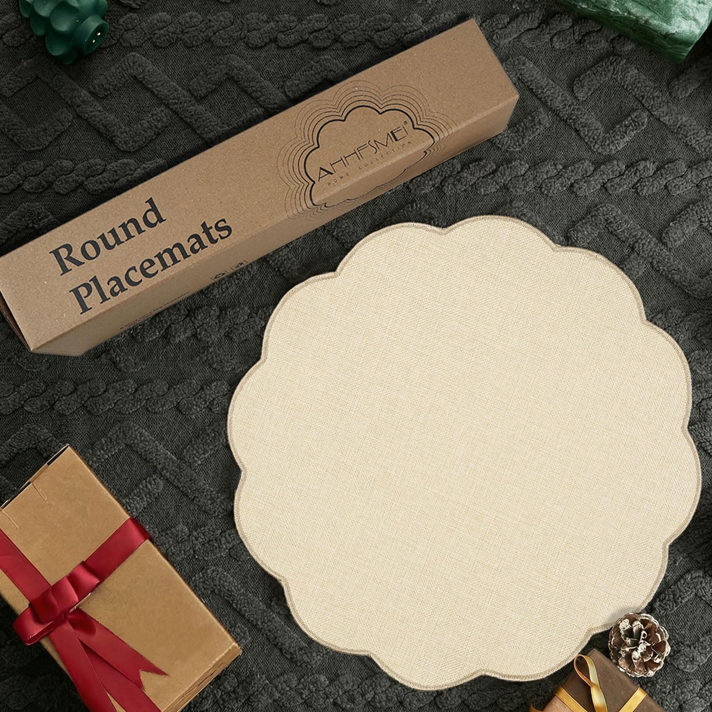 AHHFSMEI Round Faux Linen Placemats Set of 6 Waterproof Table Mats Heat Resistant Non-Slip and Stain Proof for Kitchen Dining Elegant Decor (Beige,6)