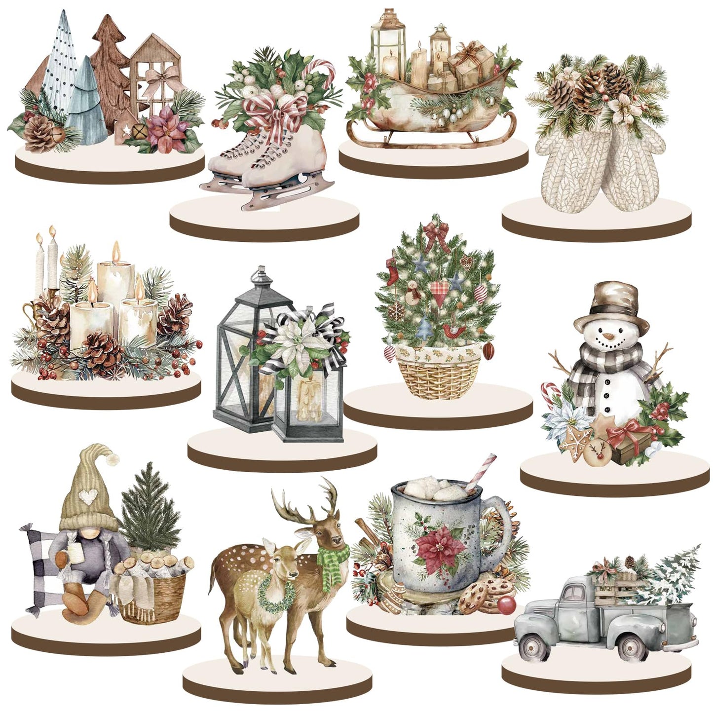 Yousoontic 12Pcs Christmas Rustic Wooden Centerpieces Decorations Winter Santa Snowman Elk Gnome Snowflake Xmas Tree Wooden Signs Farmhouse Tabletop Centerpieces Home Decor for Winter Holiday Dinner