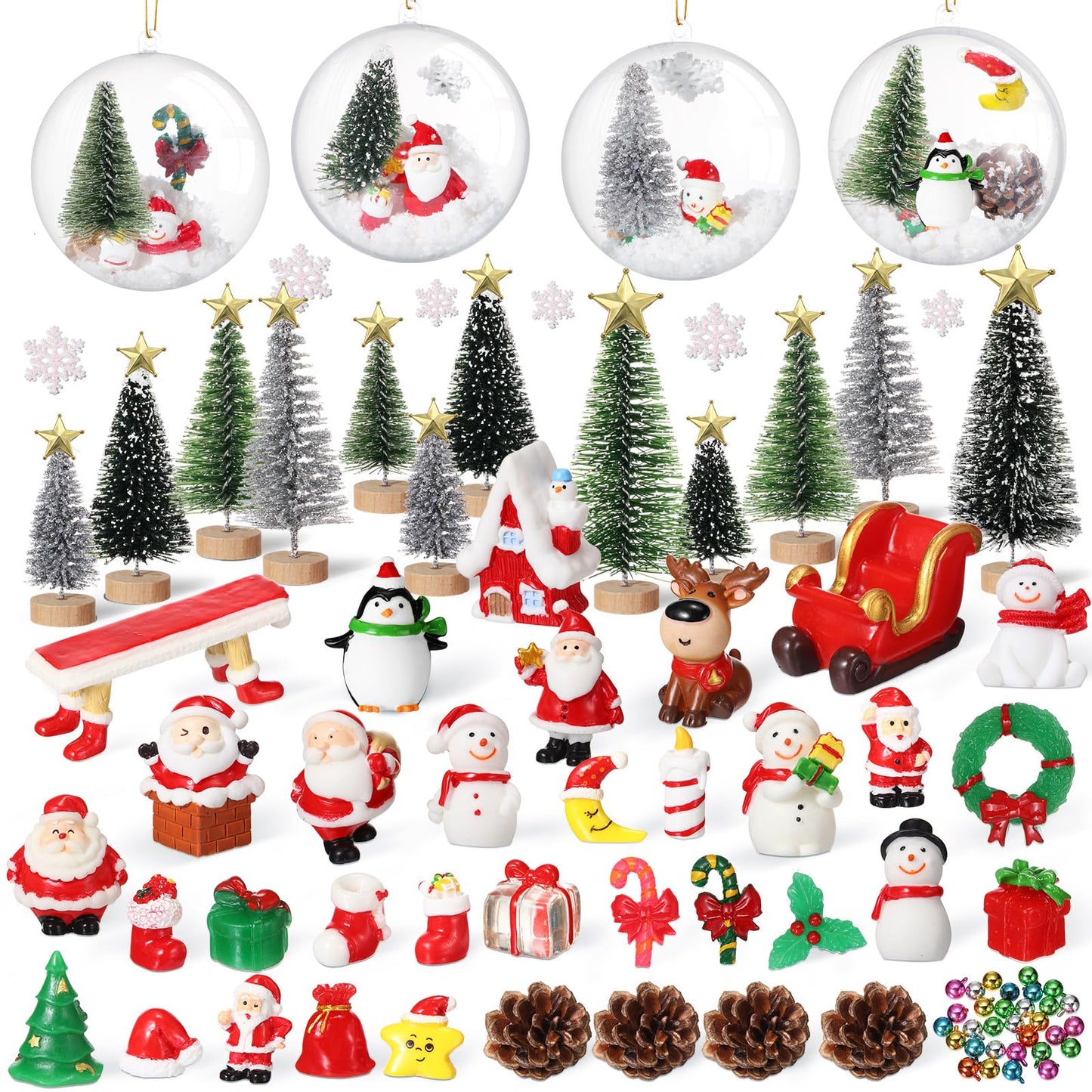 Roowest 96 Pcs Miniature Ornaments for Snow Globe Kit DIY Christmas Village Decoration Christmas Figurines Mini Ornaments with Snowman Reindeer Santa Claus Snowflake(Dark Green Light Green Silver)