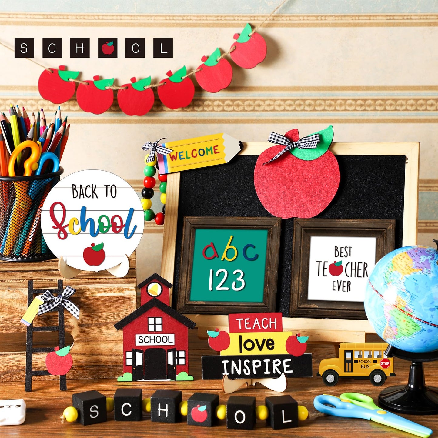 Mifoci 19 Pcs Back to School Tiered Tray Decor Signs Wood Sign Back to School Table Centerpiece Farmhouse Rustic Table Decor for Student Home Tabletop