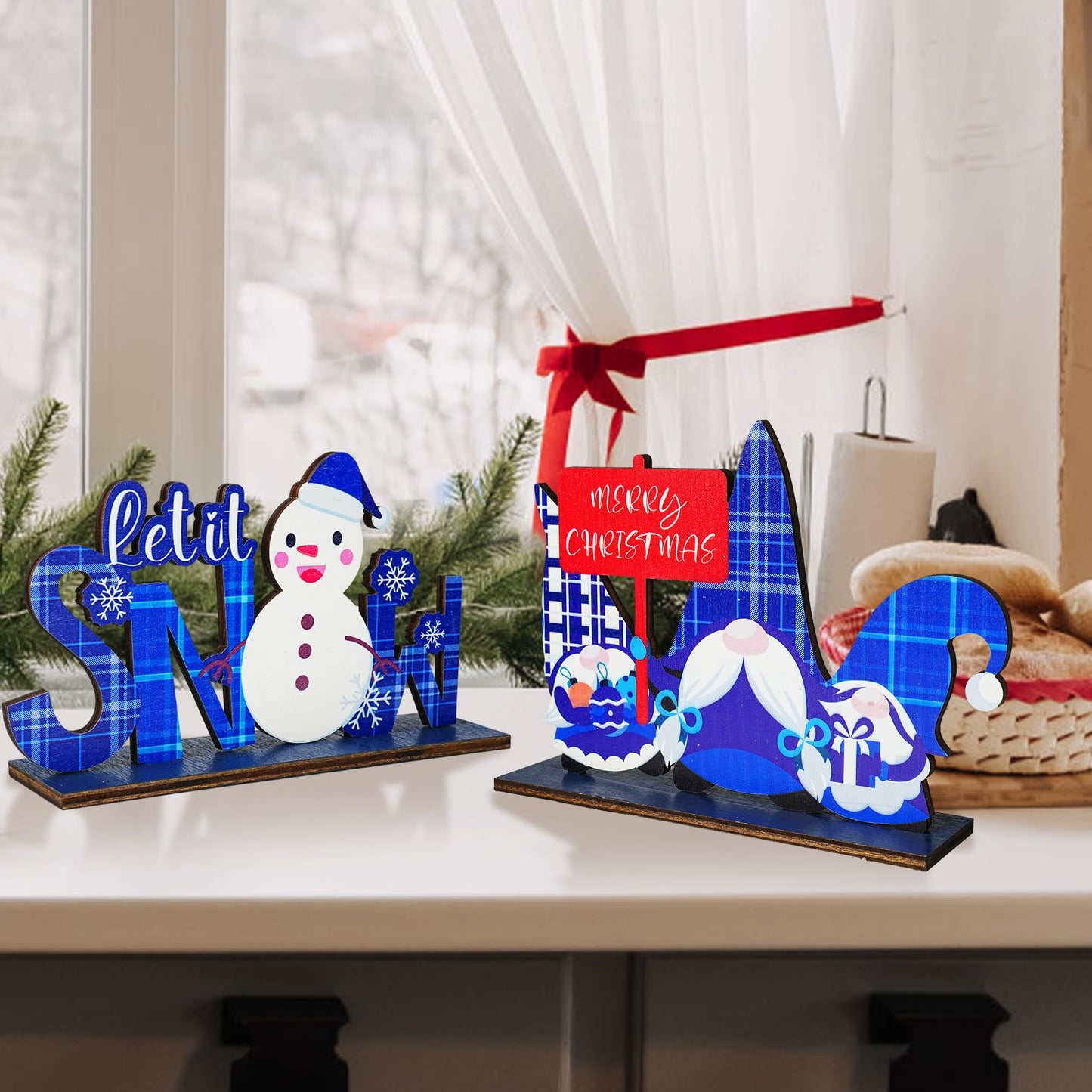 NEROSUN 5 PCS Christmas Table Centerpiece Decorations, Wooden Xmas Snowman Santa Claus Gnome Table Decorations Signs, Merry Christmas Table Toppers for Holiday Home Party Indoor Decor (Blue)
