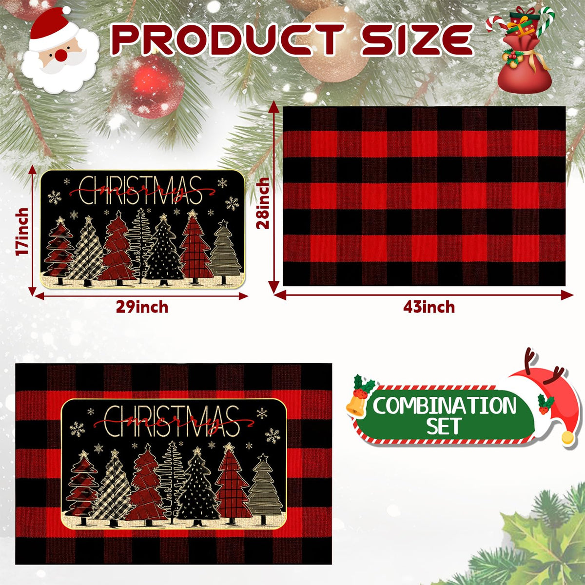 Christmas Outdoor Rug Set, Christmas Tree Door Mat Combo Set, Welcome Mat + 28 x 43 inch Red Black Buffalo Plaid Rugs, Checkered Christmas Trees Rug for Porch Entryway Winter Holiday Outdoor Decor