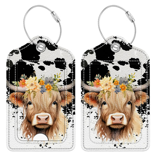 Bvkilrvc 2 Pcs Luggage Tag for Suitcase, Highland Cow Unique Leather Suitcase Tags with Full Privacy Cover Stainless Steel Loop for Women Men Travel Baggage Bag Backpack