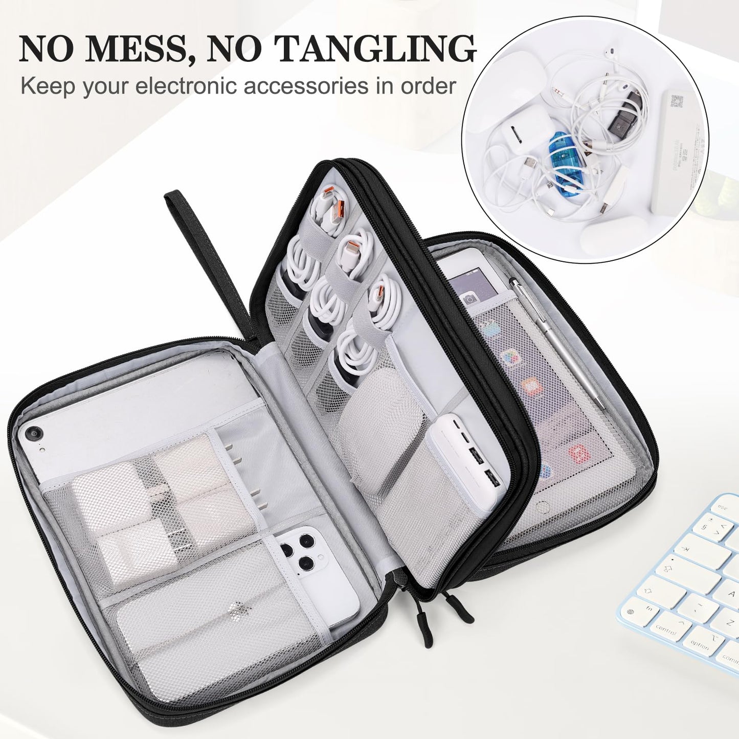 FYY Electronic Organizer, Extra Large Travel Cable Organizer Bag Pouch Portable Waterproof Double Layers All-in-One Storage Bag for iPad, Cable, Power Bank, Laptop Charger for Office/Home, Black