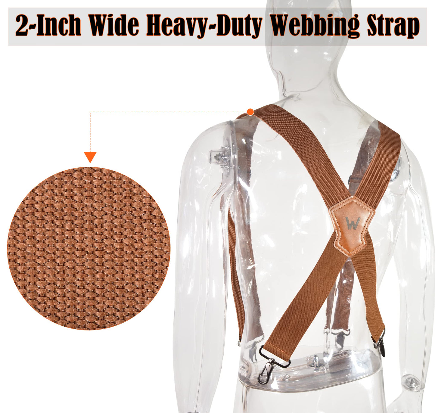 WELKINLAND Brown 2 inch wide suspenders, Heavy duty work suspenders for men, Swivel hook suspender, Thick suspender with belt loops