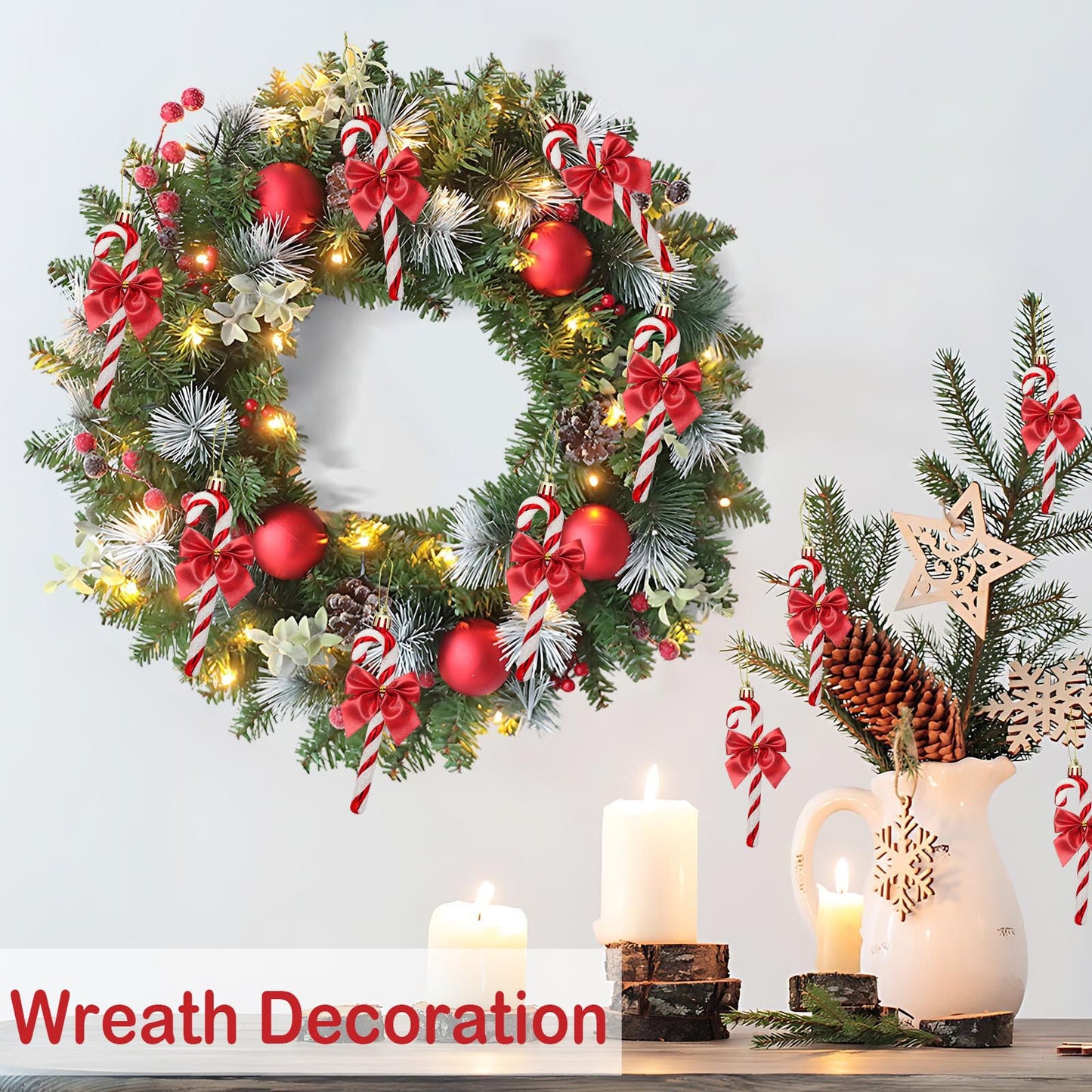 FYFLED Candy Cane Christmas Tree Decorations - 12 Pcs Candy Cane Ornaments for Tree, Glitter Candy Cane Bows for Xmas Tree Hanging Ornament Festival Party Home Decor, Red