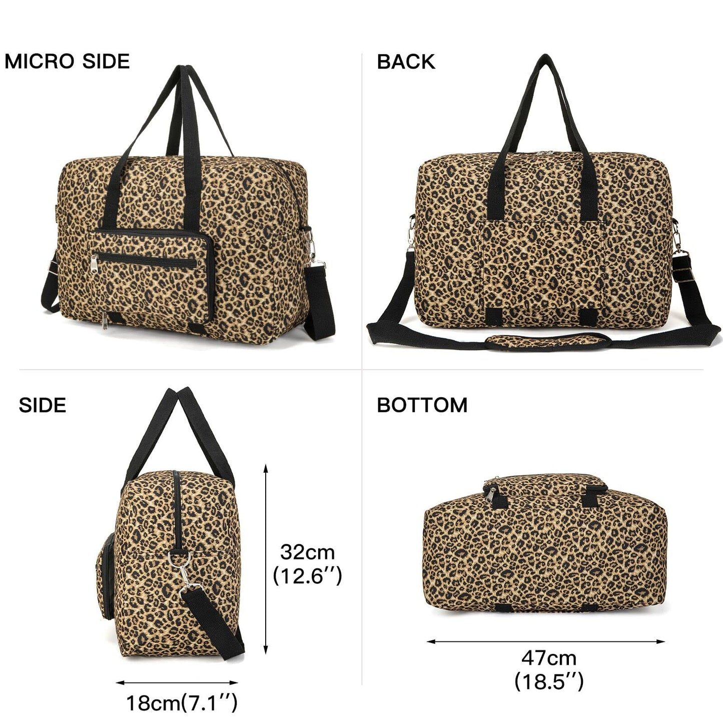 EXYANGEE Foldable Travel Duffel Bag, Medium Women's Weekender and Overnight bag carry on Luggage bag for Women(Leopard)