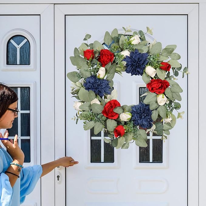 22IN Spring Summer Wreath Patriotic Wreath with Dahlia, Peony, Eucalyptus Leaves. Ivy for Front Door Wall Decor Indoor Outdoor
