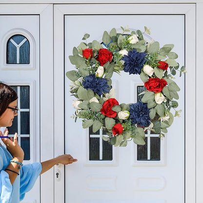 22IN Spring Summer Wreath Patriotic Wreath with Dahlia, Peony, Eucalyptus Leaves. Ivy for Front Door Wall Decor Indoor Outdoor
