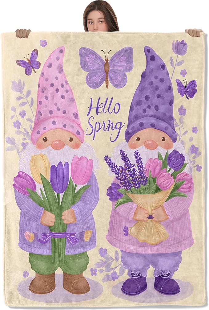Gnome Lightweight Throw Blanket, Purple Lavender Flower and Butterfly, Warm Soft Cozy Flannel Blankets, Couch Dorm Home Decor All Season Use, 60x50in, Beige, Gifts for Women and Spring Lovers