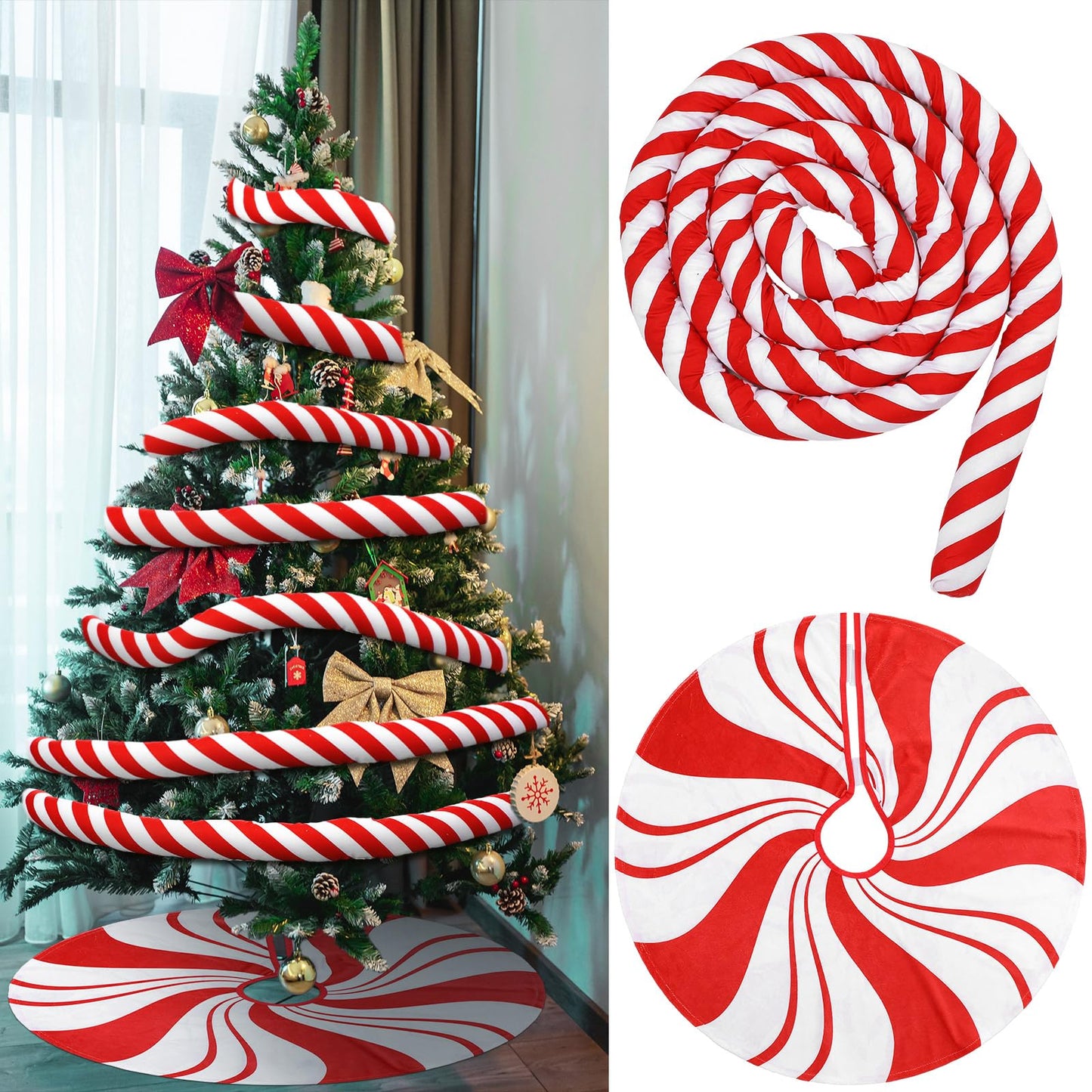 RoundFunny 9.84 ft Christmas Candy Cane Garland with 30 Inch Red Swirl Tree Skirt Red and White Christmas Ornaments Sweet Peppermint Tree Skirt Home Decoration for Xmas Holiday Party Supplies