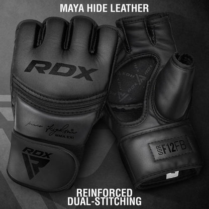RDX MMA Gloves Grappling Sparring, Maya Hide Leather, Boxing Gloves Men Women Muay Thai Martial Arts Training, Half Finger Adjustable Mitts Wrist Support Kickboxing Cage Fighting Punching Bag Workout