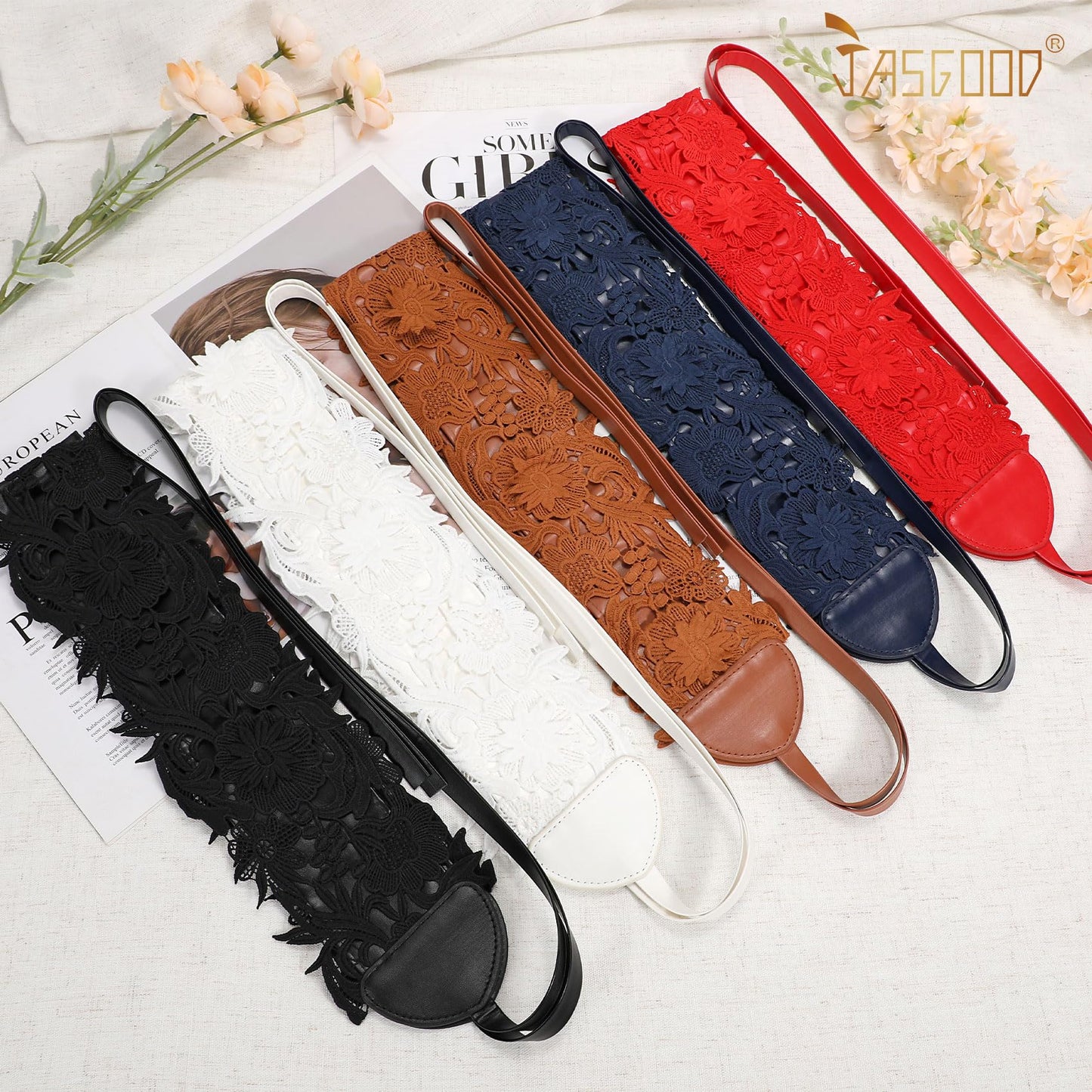 JASGOOD Women Lace Waist Belt Corset Waist Band Belt For Dress Obi Bowknot Cinch Wide Belt Bow Tie Wrap Boho Faux Leather,Black