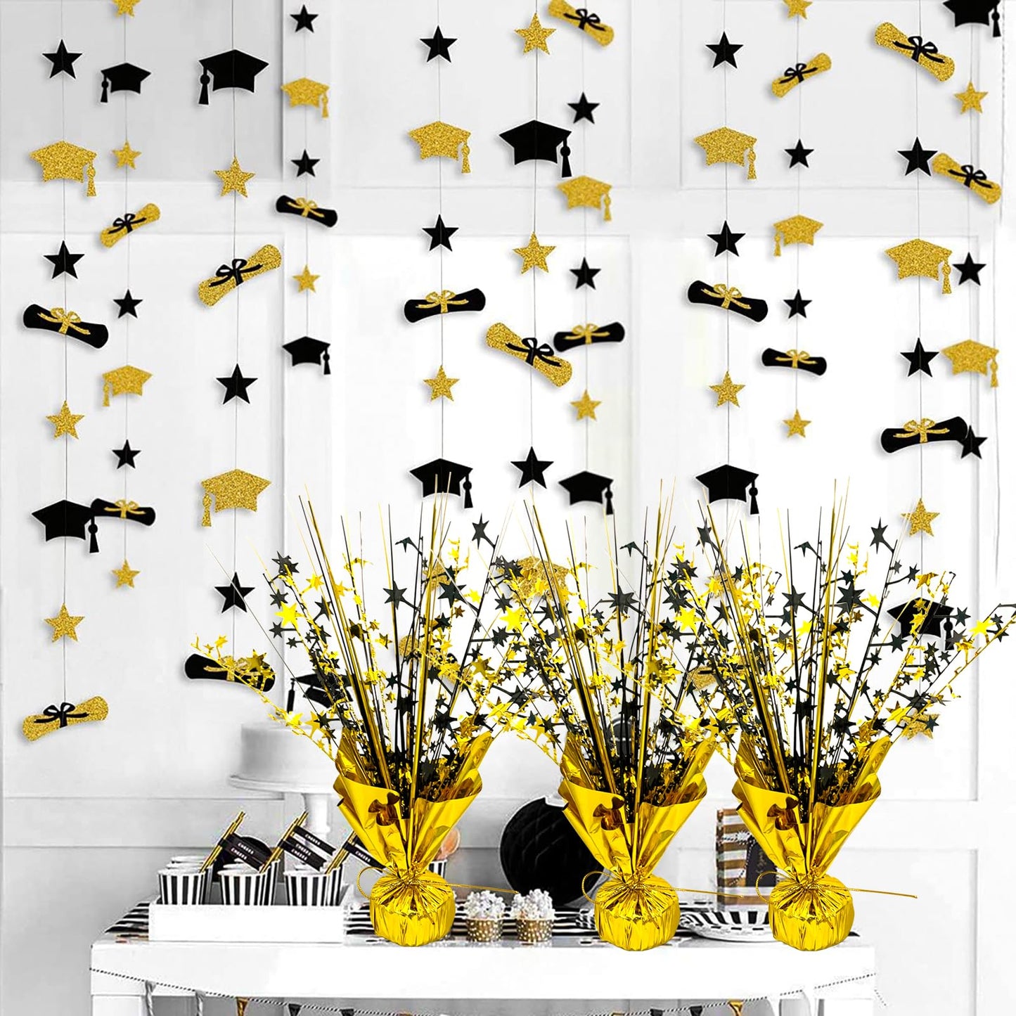 FUBININA 6 Pack 2026 Graduation Table Centerpiece Party Decoration Metallic Foil Spray Centerpiece Glitter Decor Star Tabletop for Graduation New Year Birthday Holiday Party Favor, Black and Gold