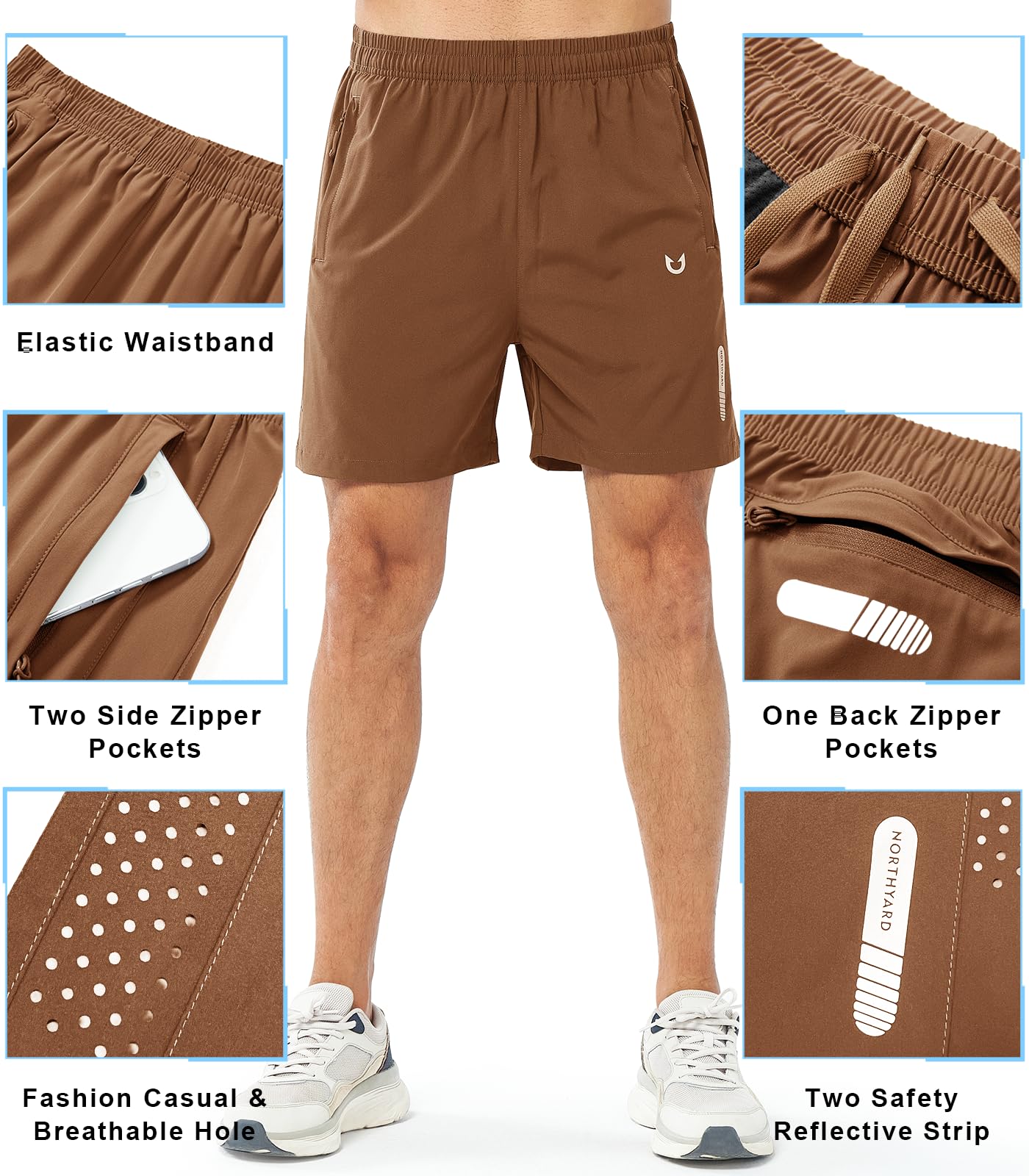 NORTHYARD Men's Athletic Running Shorts Gym Workout 7"/9"/5" Quick Dry Lightweight Sports Basketball Tennis 3 Zipper Pockets BROWN-5inch L
