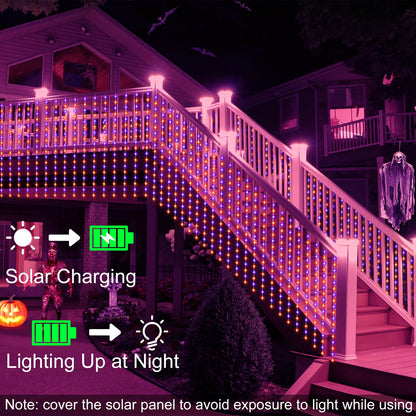echosari Solar Halloween Curtain Lights Outdoor, 7.9ft x 6ft 144 LED Orange Purple Curtain Lights with 8 Modes Timer Waterproof for Indoor Outdoor Patio Fence Halloween Tree Party Decor