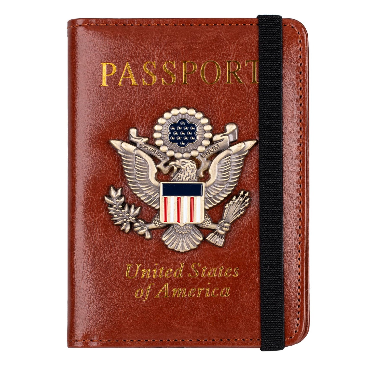 TOURSUIT RFID Blocking Passport Holder for Women Men, Leather Passport Travel Wallet with Metal 3D Metal Badge, Travel Document Holder Cover Accessories (Brown)