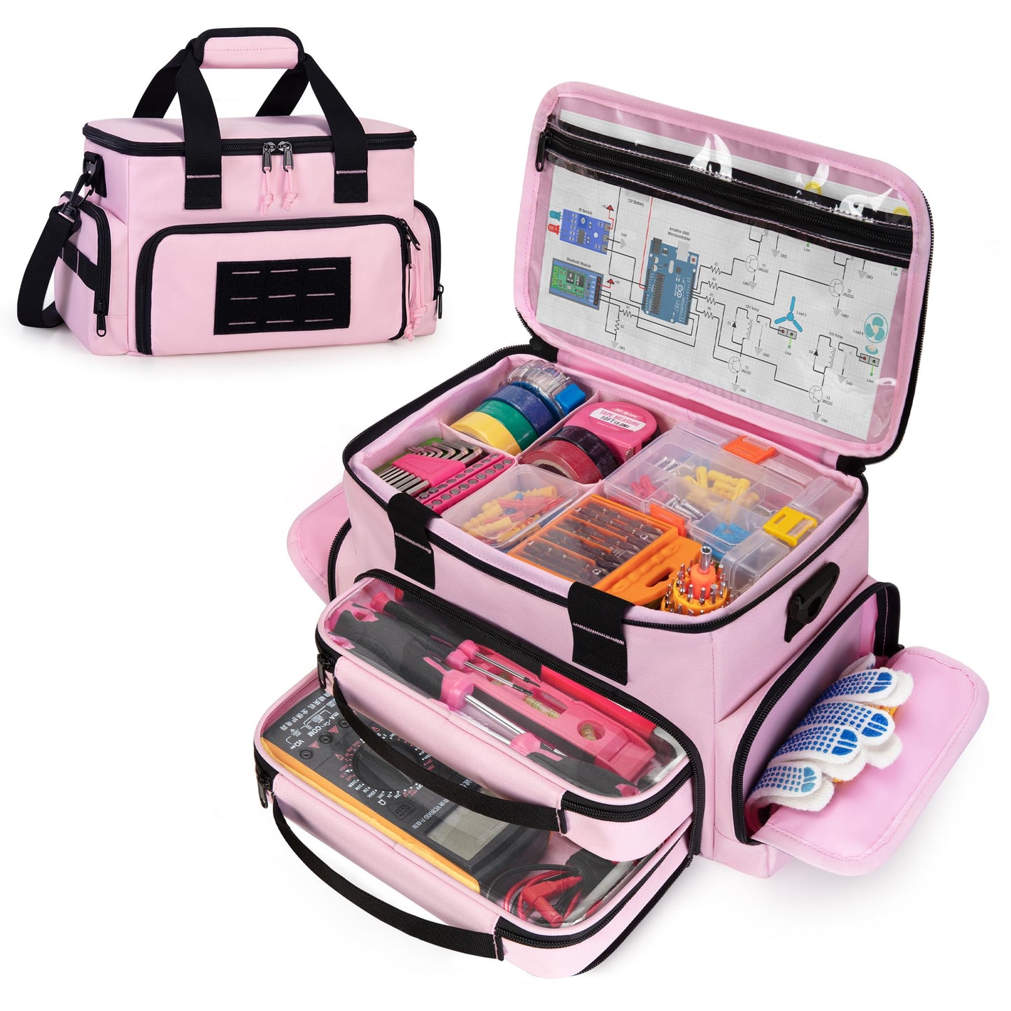 Trahzia Pink Tool Bag for Women with 2 Clear Pouches, 12-inch Tool Storage Organizer, Double Layer Tool Box for Electrician, Carpenters, Repairman, Pink