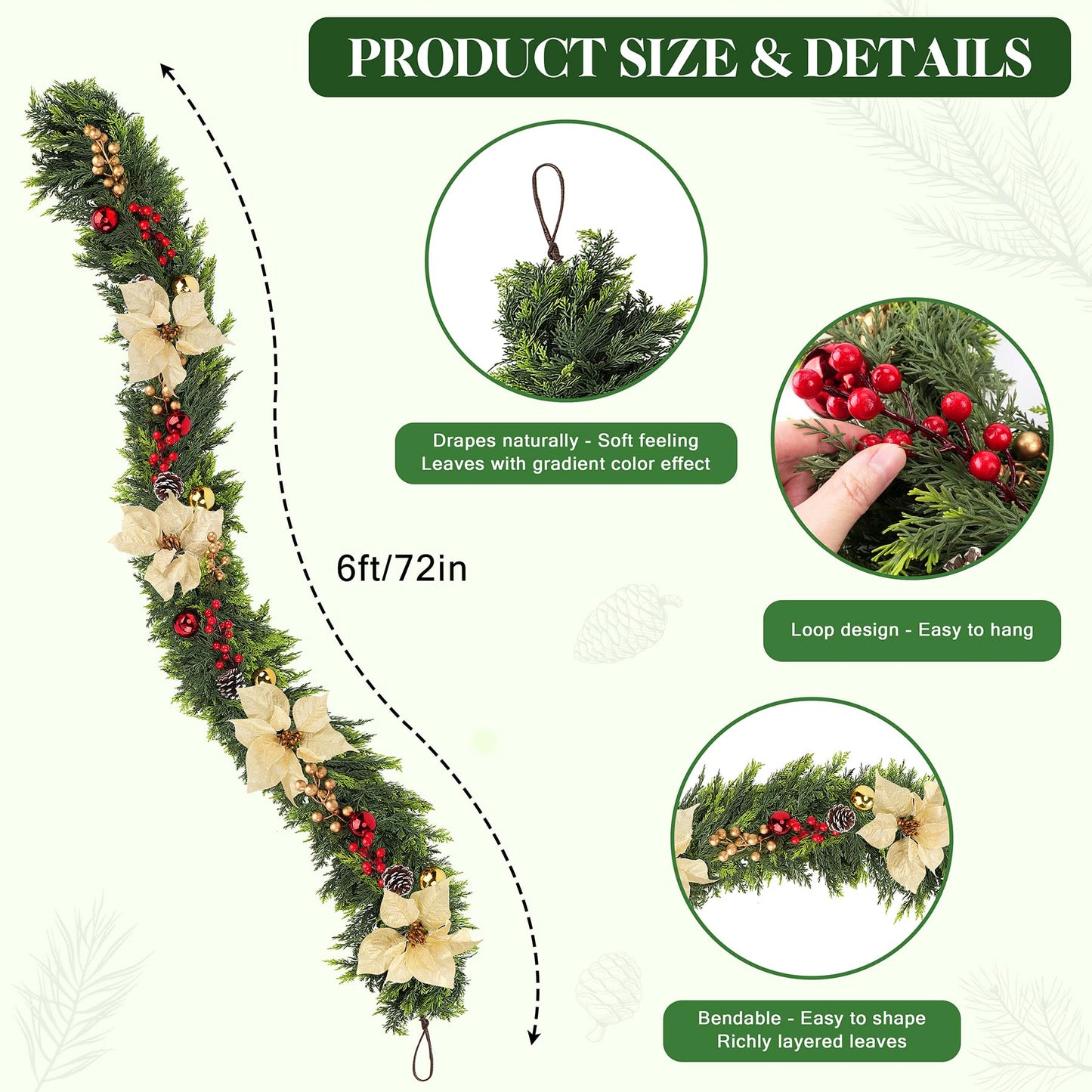 Real Touch Cedar Garland for Home, Thicken Cypress Green Artificial Greenery Garlands, 6FT Realistic Pine Garland with Flowers Berries Pinecones Balls, Cedar Garlands for Christmas in July Decorations