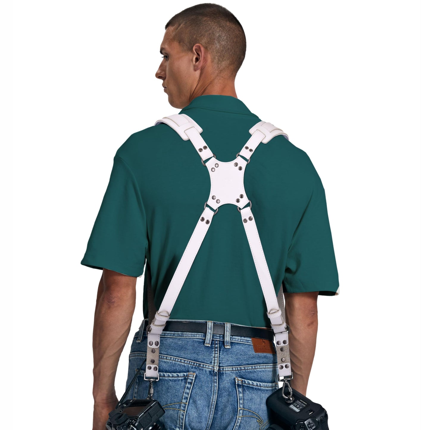 Padwa Lifestyle White Dual Camera Harness Strap for Two Cameras - Dual Shoulder Full Grain Leather Harness,Multi Double Camera Gear with Thick Padded,Double Camera Harness for Photographers