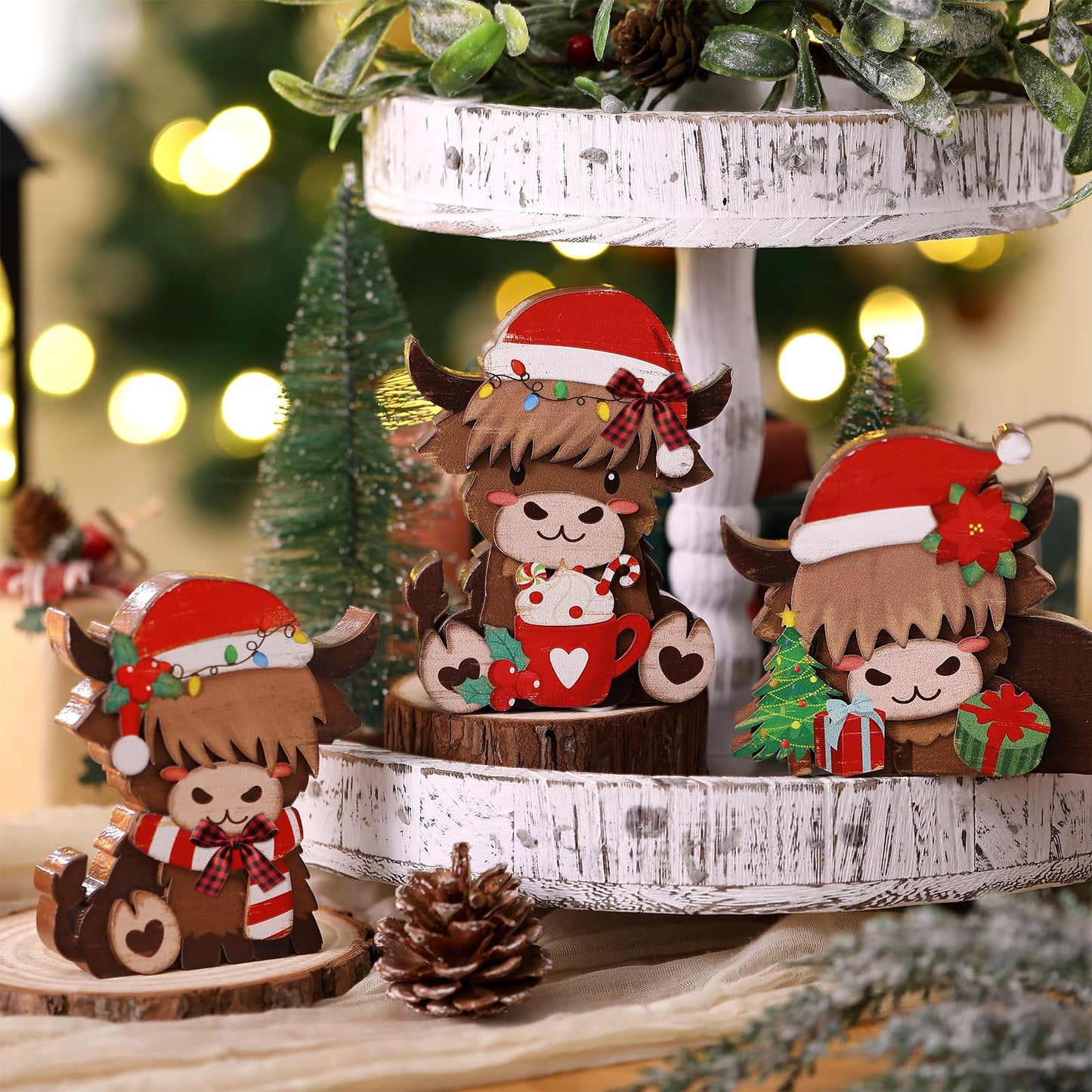 GlikCeil 3 Pcs Christmas Highland Cow Wooden Table Decorations Centerpiece Block Christmas Highland Cow Tiered Tray Tabletop Sign for Office Dining Room Mantle Party Supplies Home